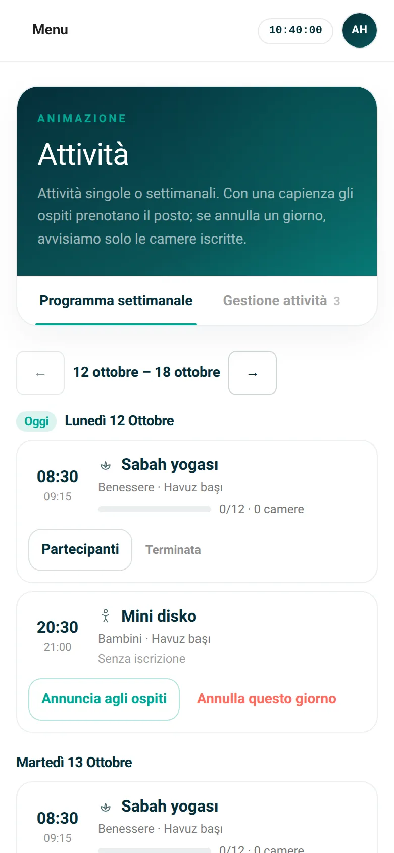 Eventi: programma settimanale e posti