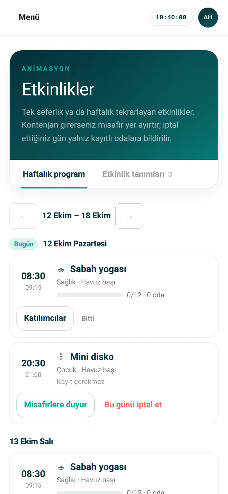 Etkinlikler: haftalık program ve kontenjan