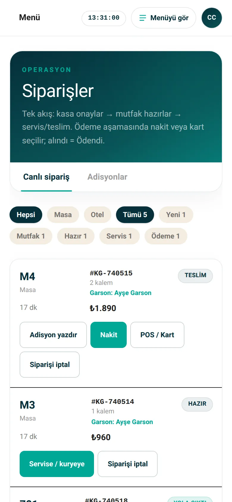 Kafe · Siparişler