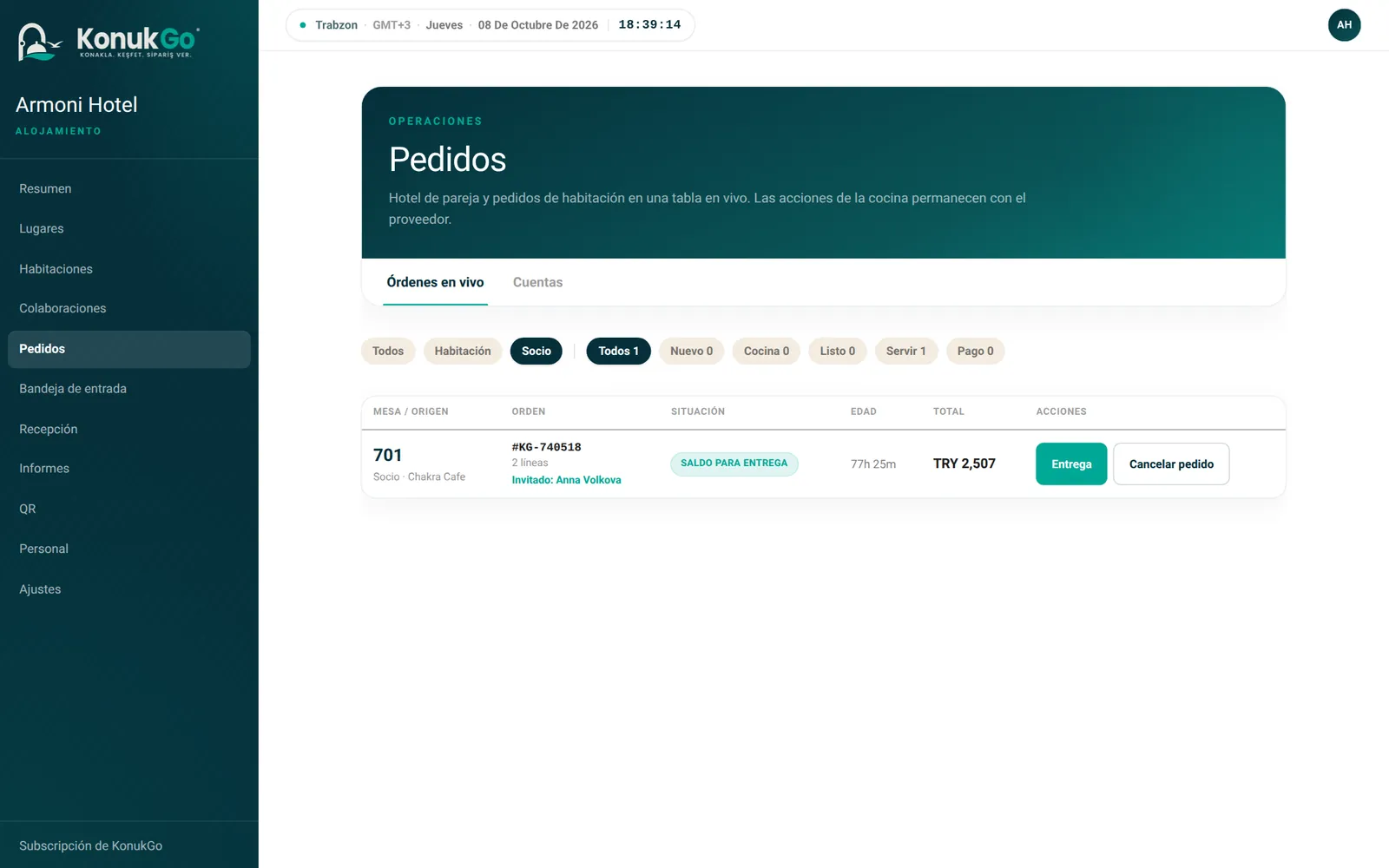 Pedidos: flujo en vivo